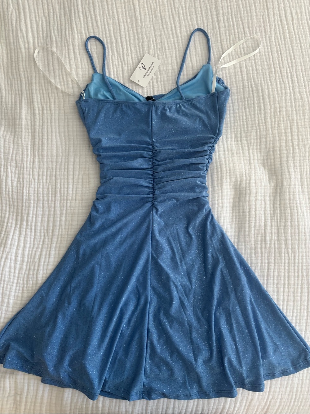 Windsor Blue Sparkle Cowl Neck Ruched Slip Mini Dress - Picture 2 of 4